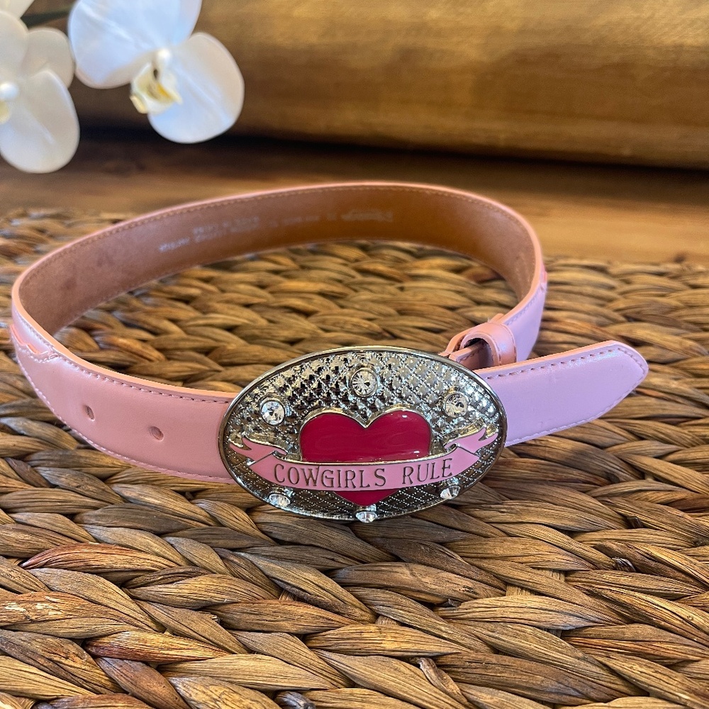 Nocona Girls Pink Embossed Genuine Leather Belt "Cowgirls Rule" Bling Heart 22